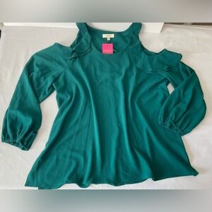 Umgee Emerald Green Cold Shoulder Ruffle Blouse‎ Long Sleeve Top 2XL NEW